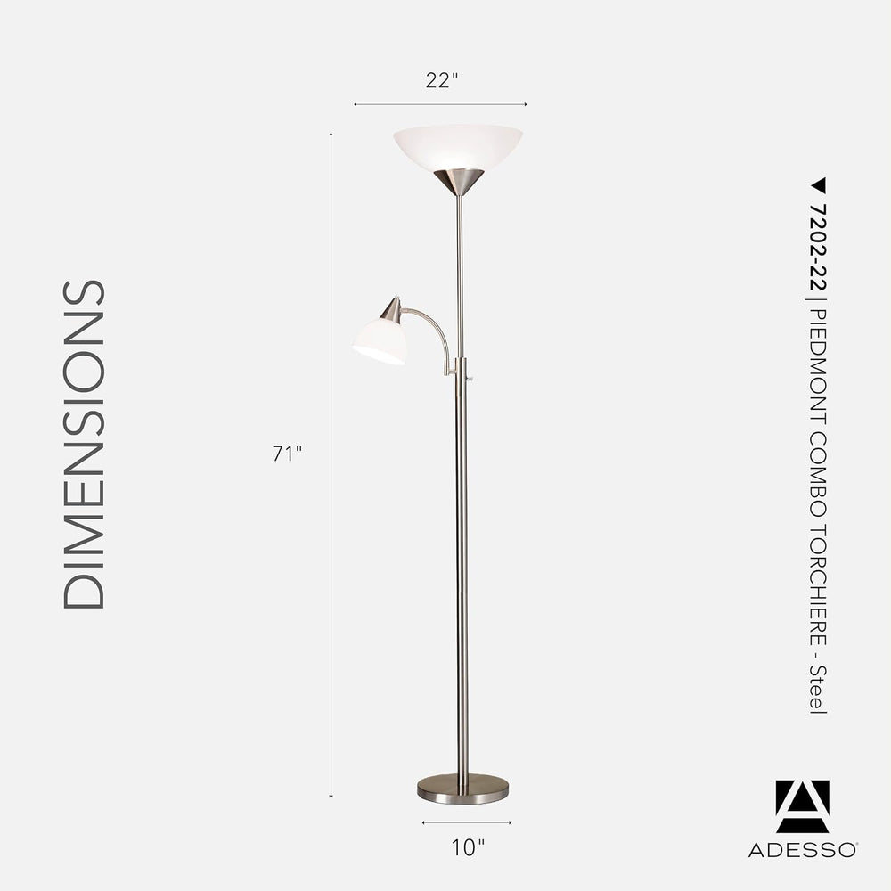 Adesso Floor Lamp, Brushed Steel, Dual-Socket, Adjustable Reading Light 71”