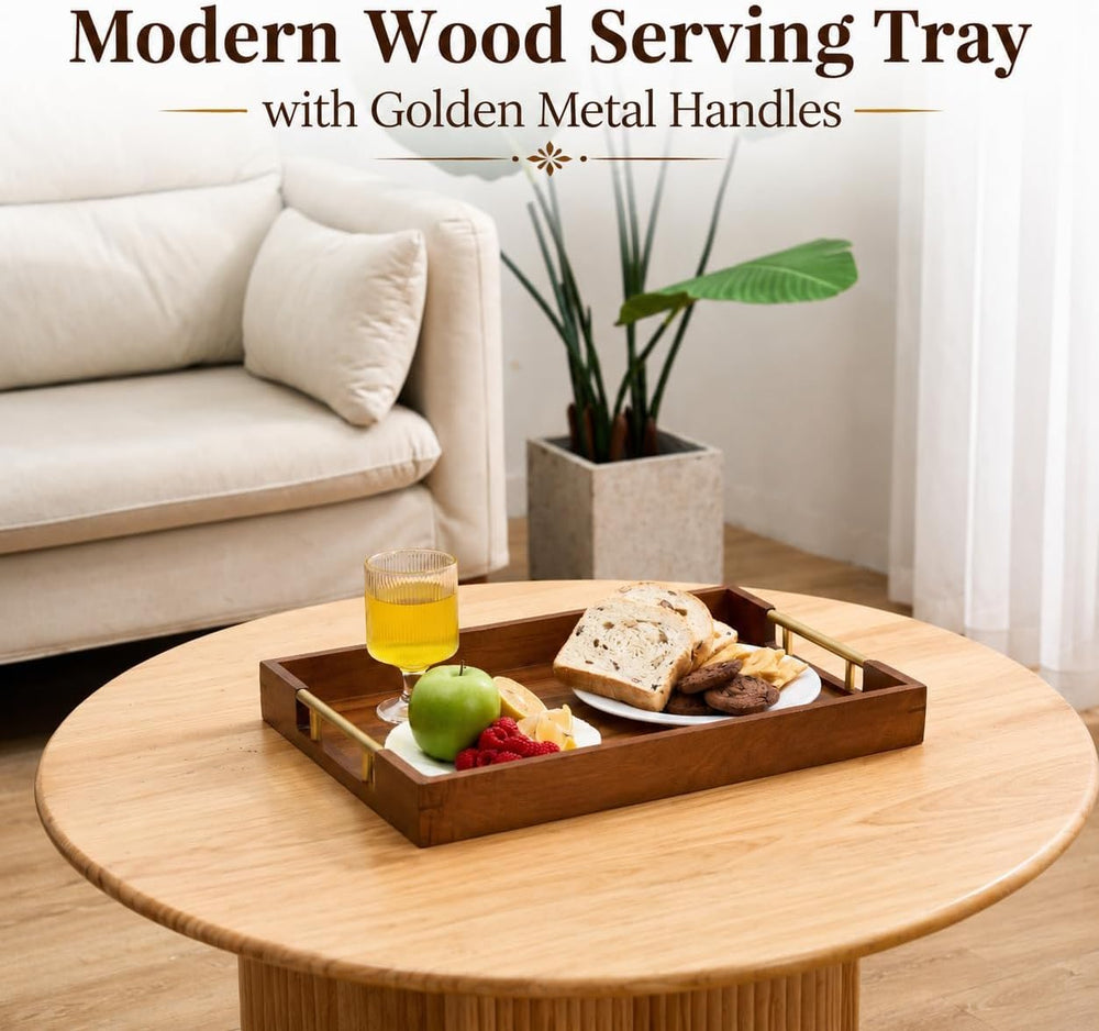 Acacia Wood Serving Tray with Gold Handles – Coffee Table & Ottoman Tray