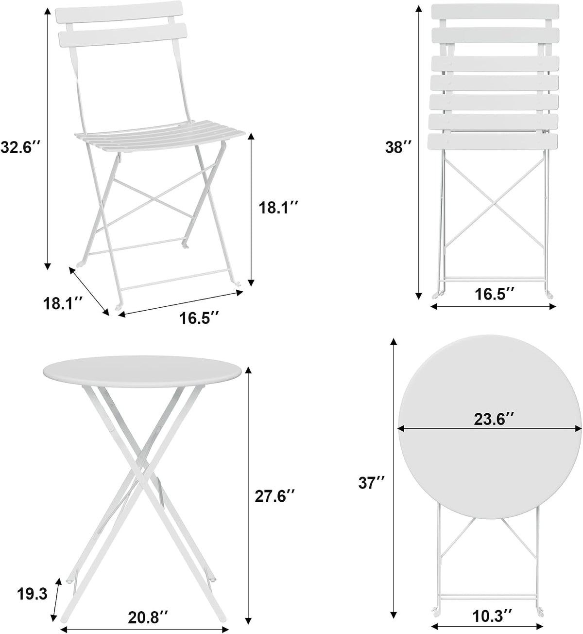 Bistro Table and Chairs Set of 2, 3 Piece Folding Patio Bistro Set, White