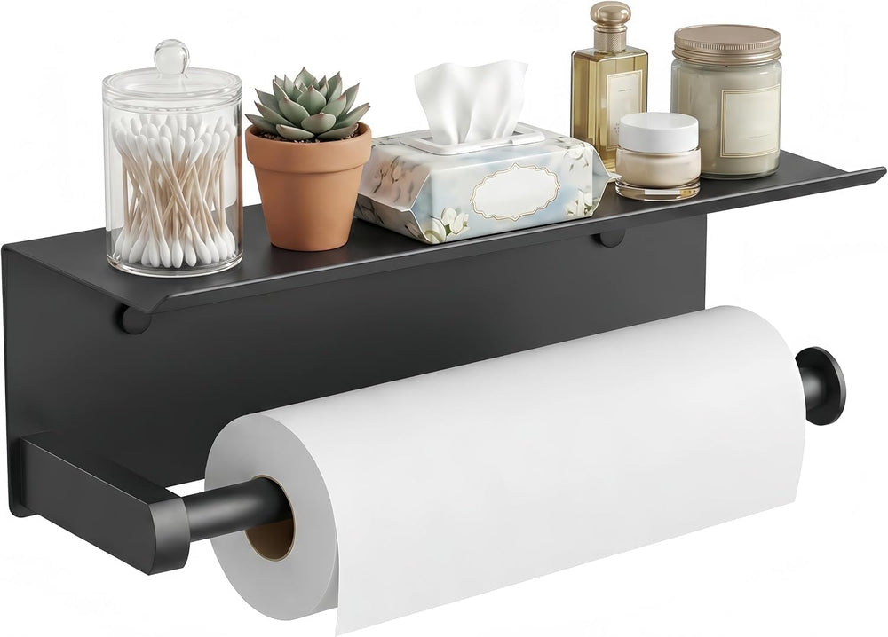 FORIOUS Wall Mount Paper Towel Holder with Shelf for Kitchen, Matte Black