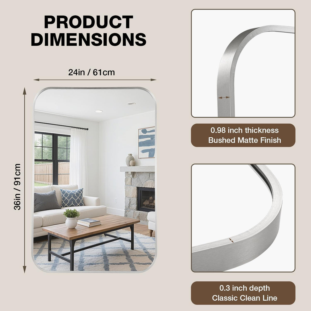 24"x36" Bathroom Mirror for Over Sink, Brushed Nickel Vanity Mirror