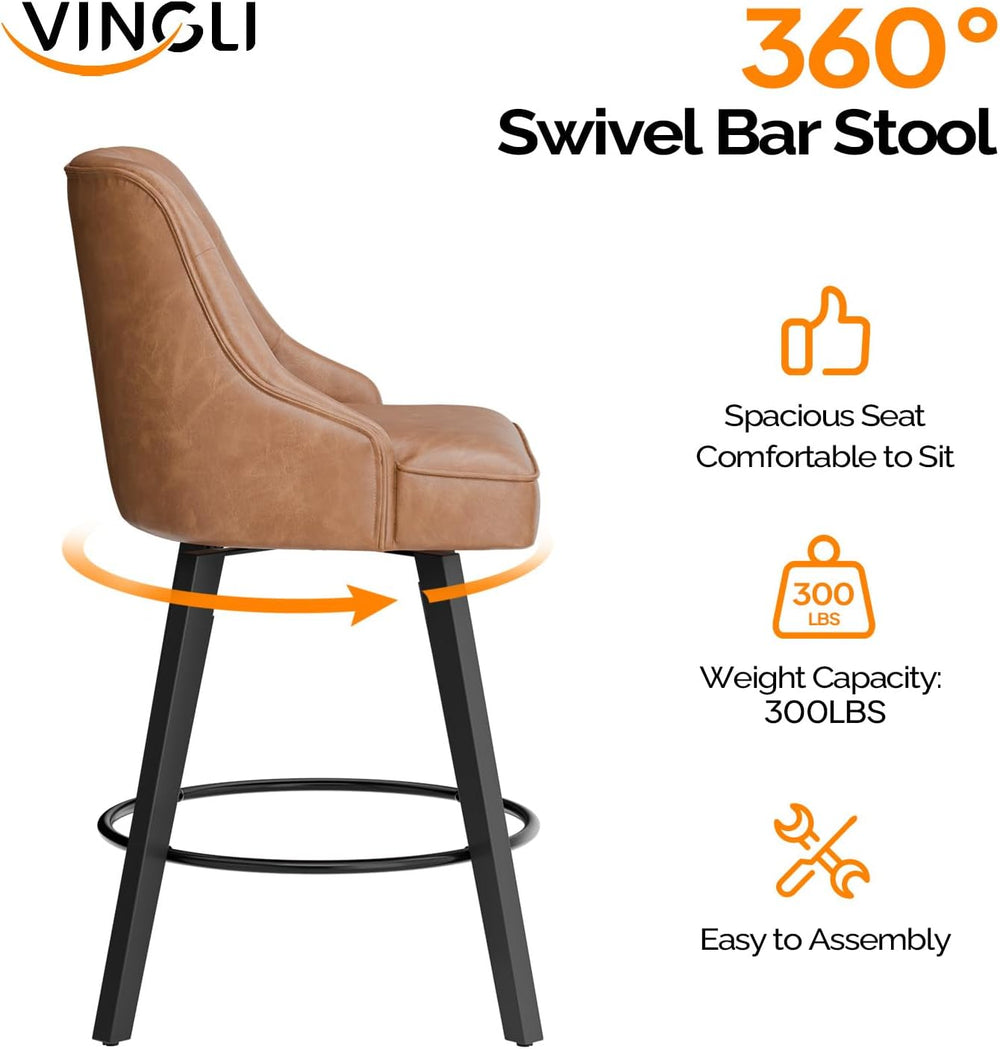 VINGLI 26" H Swivel Barstools Set of 2, PU Leather Upholstered Counter S...