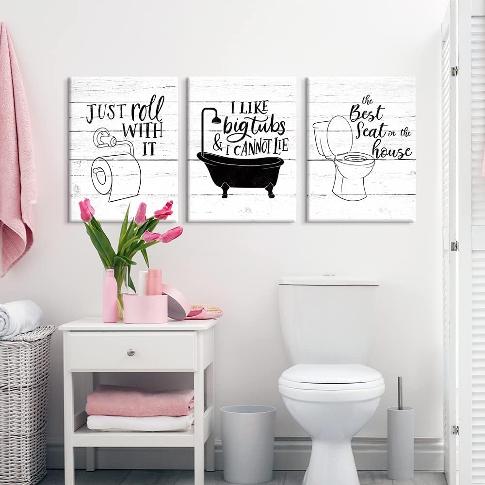 Funny Bathroom Canvas Wall Art Black and White Toilet Bathtub Bath Set Poster...