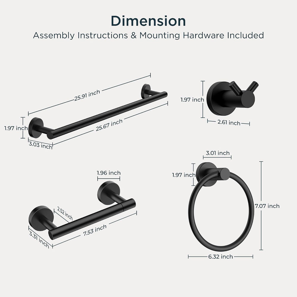 FORIOUS Bathroom Accessories, 4-Piece Bathroom Hardware Set - 24" Towel Bar