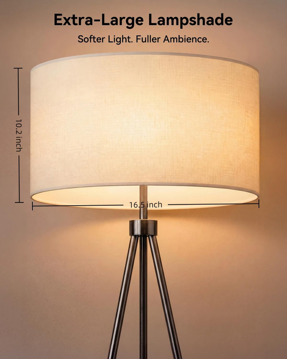 JOOFO Modern Metal Tripod Floor Lamp with Remote, 16.5" Linen Shade