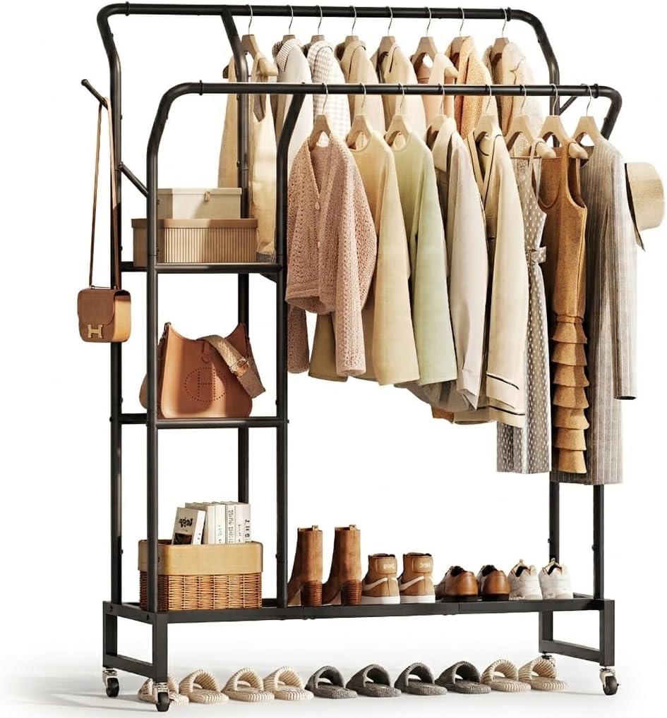 Yoobure Double Rods Clothes Rack - Portable Clothing Rack with Wheels, Rollin...