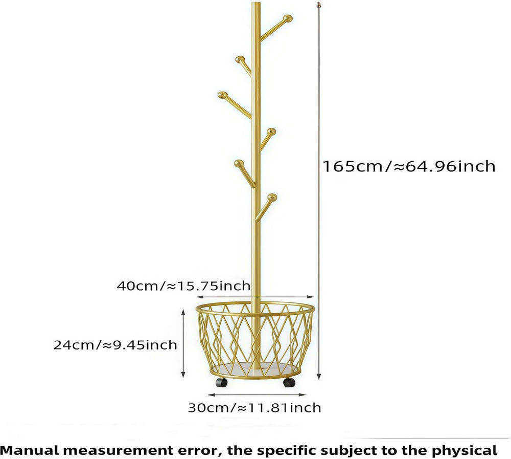 Gold Moveable Tree Metal Coat Rack with Basket Freestanding 65"
