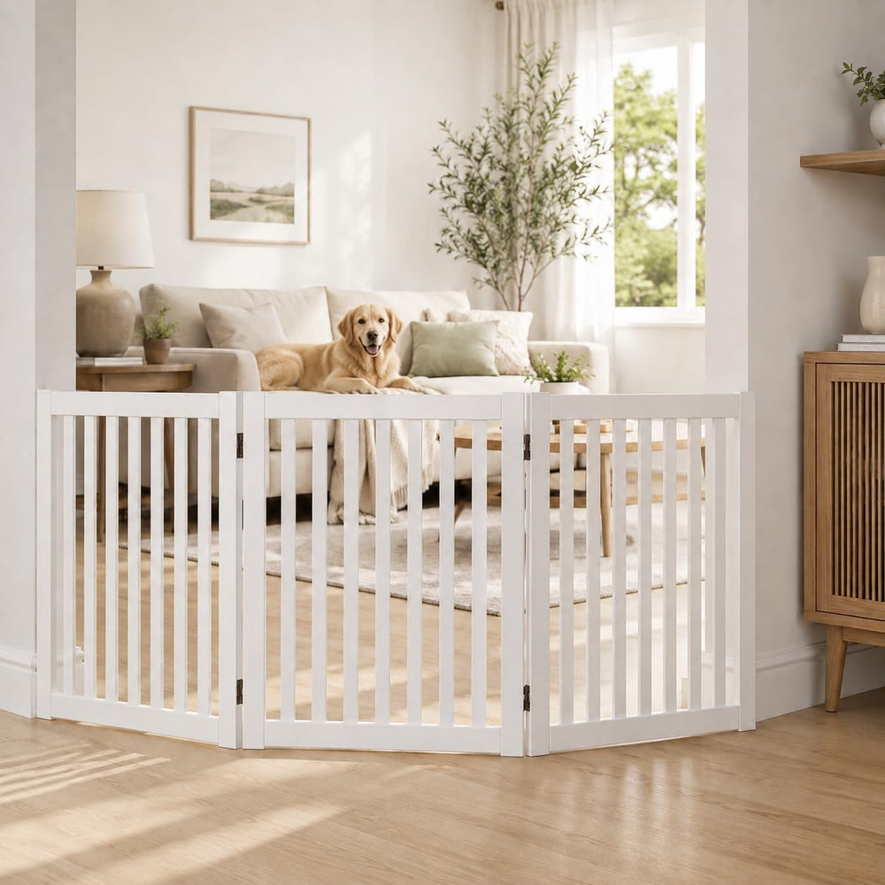 WELLAND 24" Freestanding Dog Gate, Foldable Wooden Pet Gate, 3 Panel, White