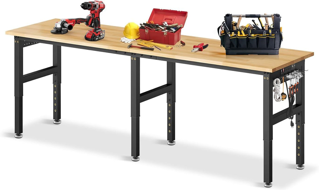 96”Adjustable Work Bench, 5000 LBS Capacity Heavy Duty Workbench with Power Outlet & Pegboard, Rubber Wood Work Table for Garage, Workshop, Office, Home