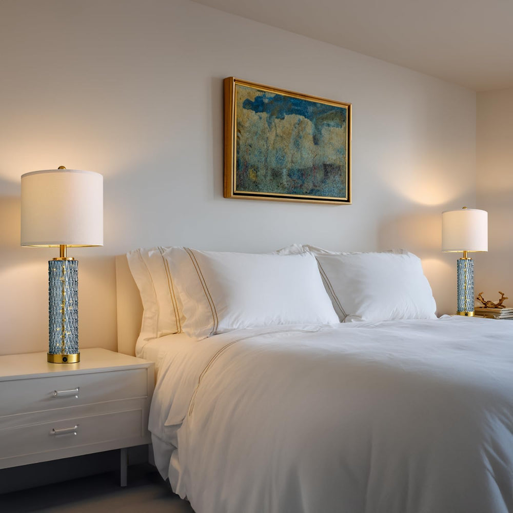Oneach 27.75" Blue Table Lamps Set of 2 with LED Nightlight for Bedside