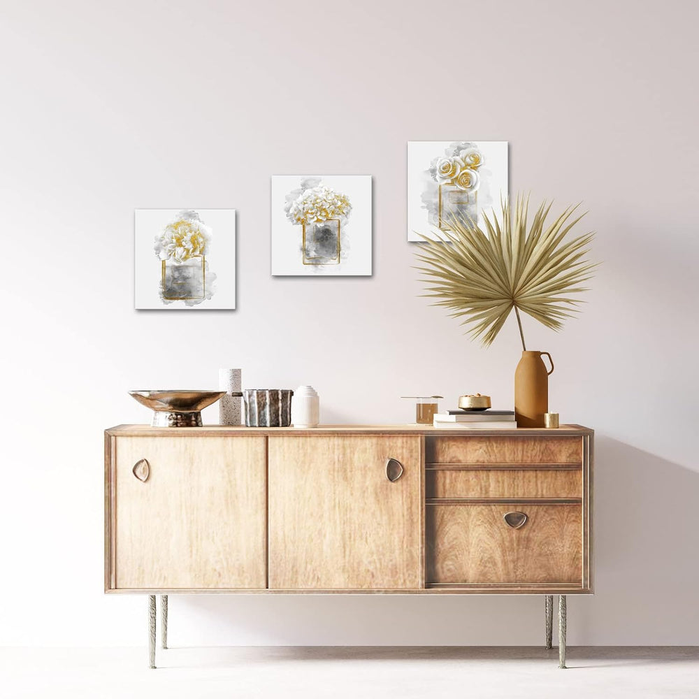 HOMEOART Gold Grey Bathroom Decor Pictures Flower Prints 12x12inchx3Pieces