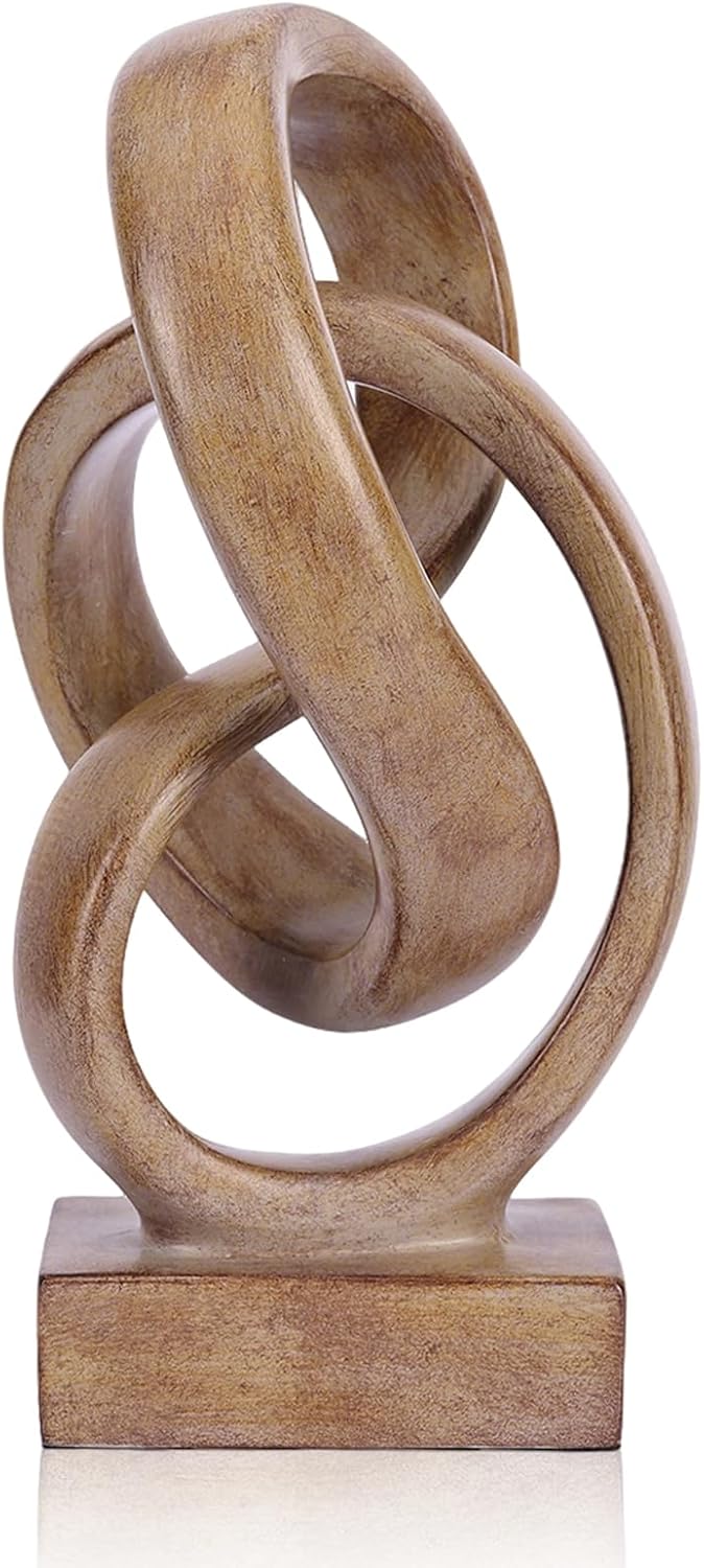 Abstract wood-toned knot sculpture, geometric decorative statue, wood-toned a...