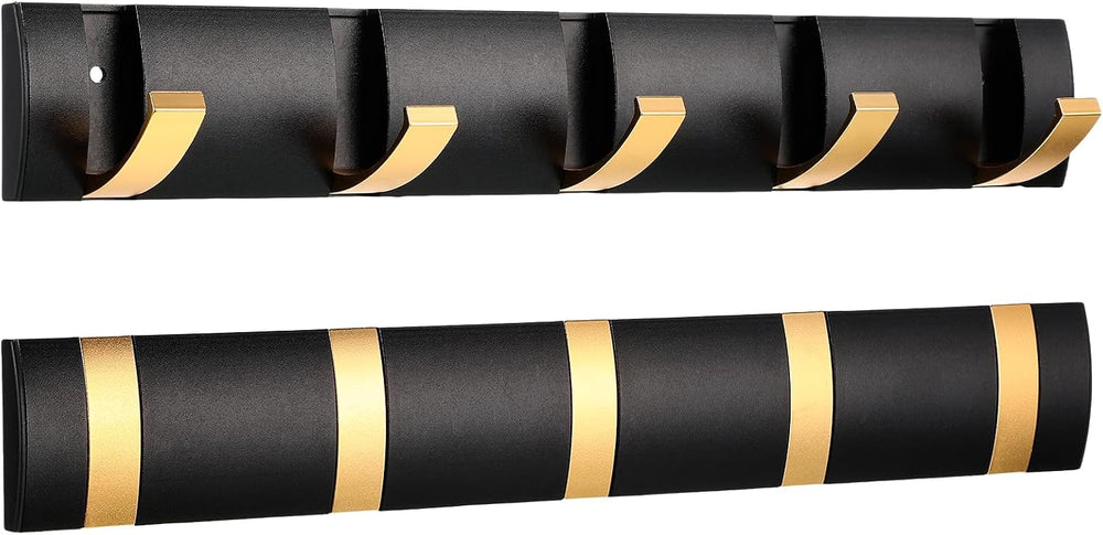 Wesiti 2 Pack Wall Mounted Coat Rack, 5 Foldable Hooks, Black Gold