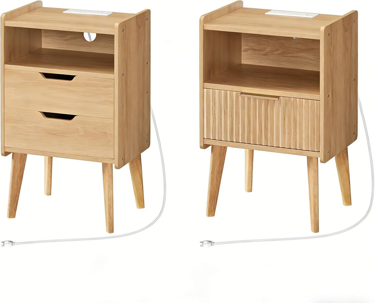 MAHANCRIS Nightstand with Charging Station and Modern Bedside Table Bundle, Natural End Table with Storage Drawers, Open Storage, Night Stand with Solid Wood Legs, for Bedroom, ETNA61E01-ETNA69E01