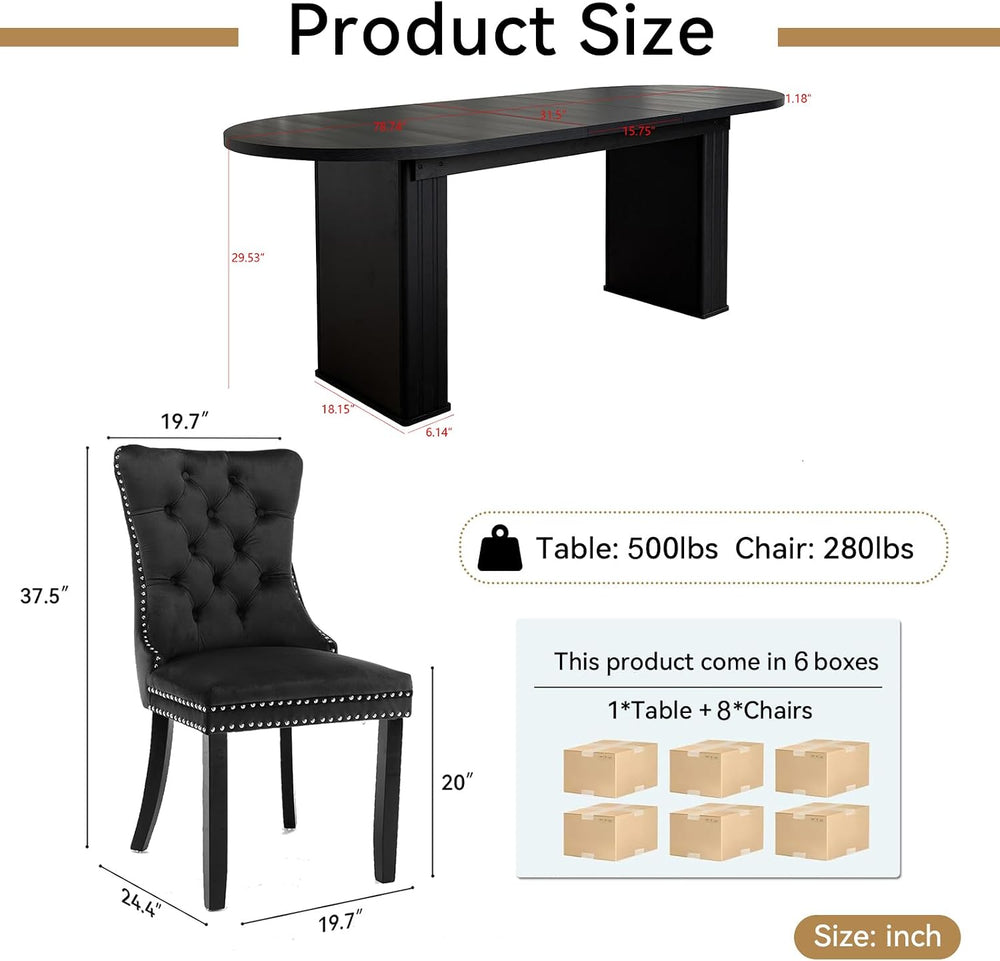 63"-79" Extendable Dining Table Set with 8 Black Chairs, 9 Piece Ov...