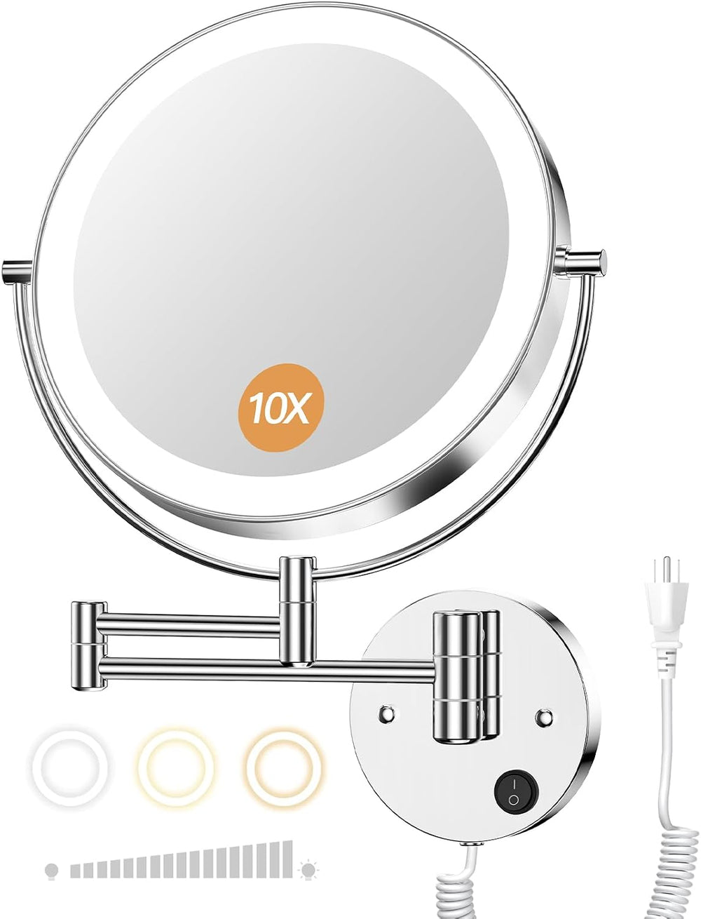 Gospire 9” Wall Mounted Lighted 1X/10X Magnifying Mirror with Touch Sensor