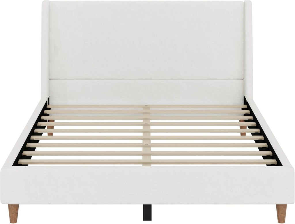 Modern Boucle Upholstered Platform Bed, with Wingback Headboard and Walnut Wooden Legs, No Box Spring Needed, Queen Size, White