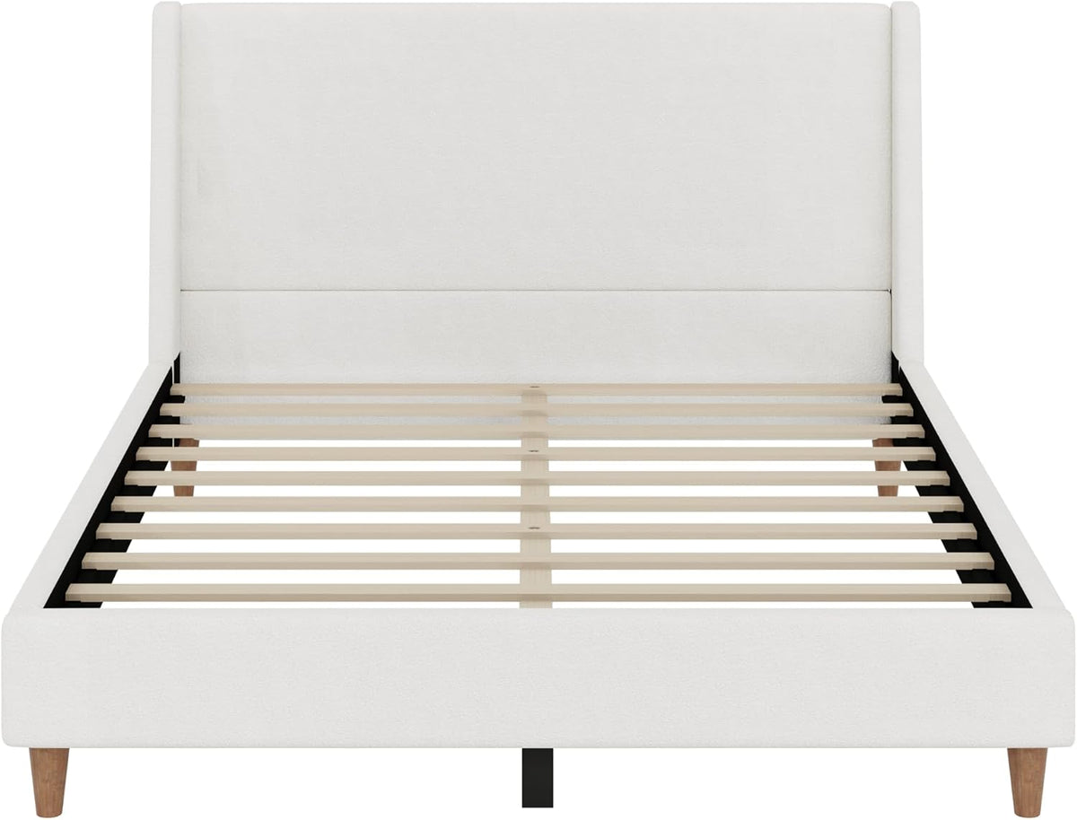 Modern Boucle Upholstered Platform Bed, with Wingback Headboard and Walnut Wooden Legs, No Box Spring Needed, Queen Size, White