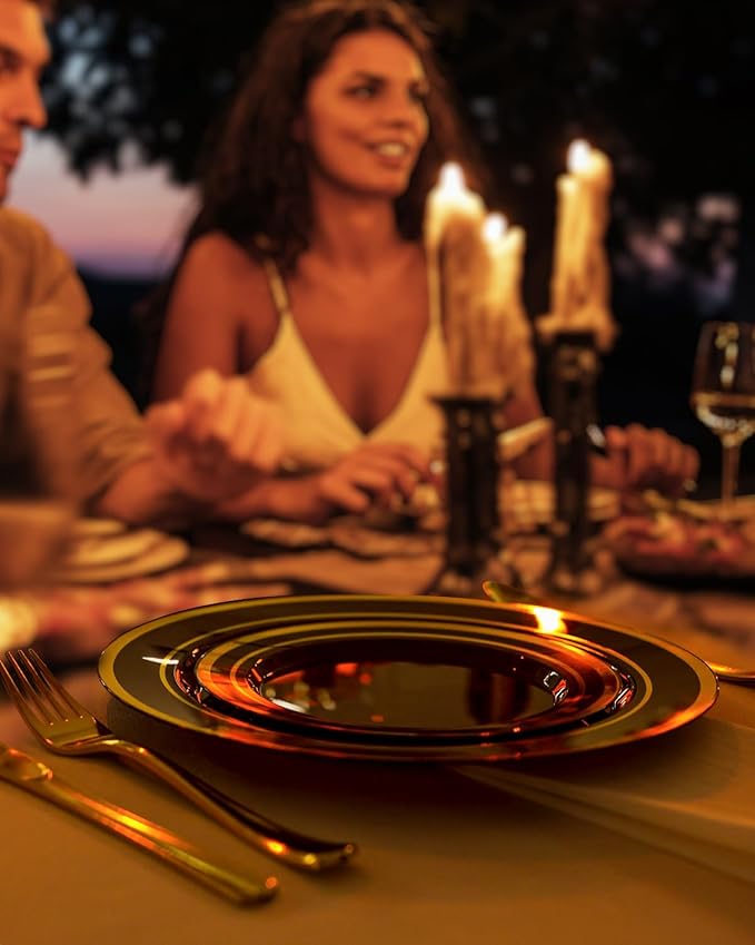 200PCS Black Plastic Plates Set with Gold Rim, 100 10.25 inch Dinner Plates and 100 7.5 inch Dessert Plates, Premium Disposable Plates forfor Party, Wedding, Holiday,And Halloween