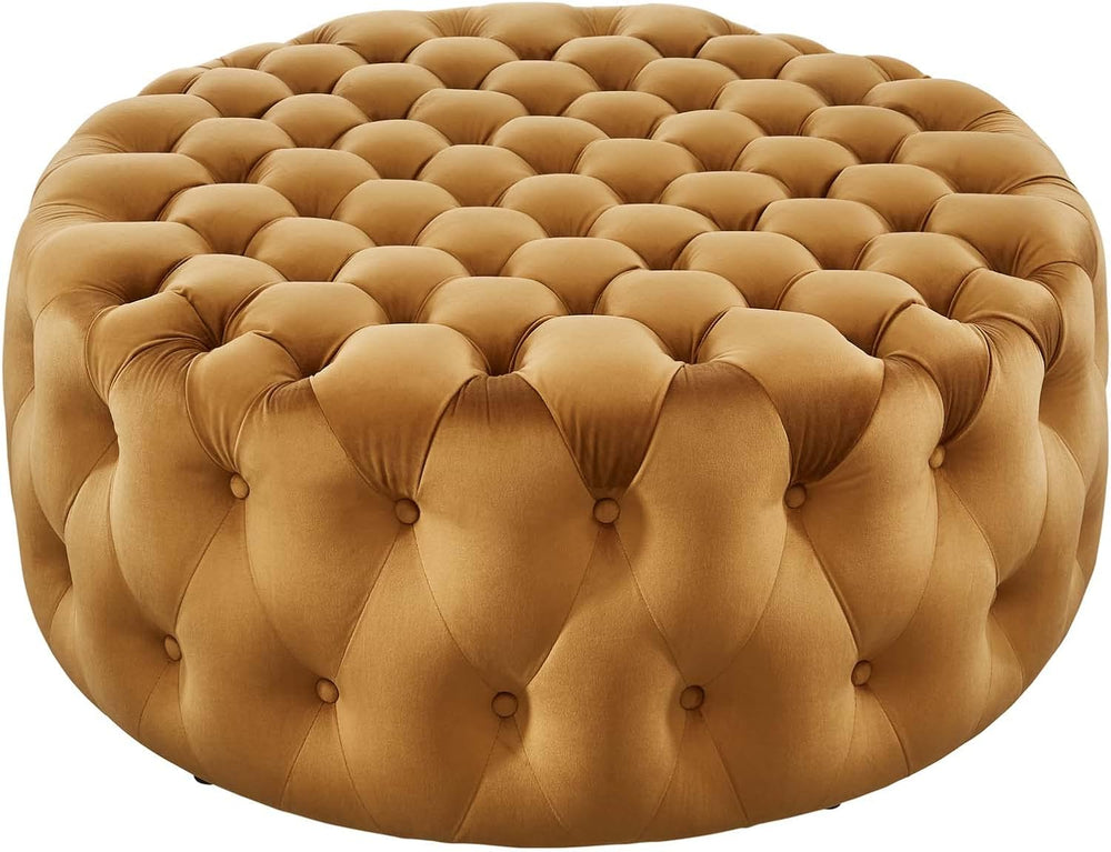 Modway Amour Tufted Button Large Round Performance Velvet Ottoman in Cognac