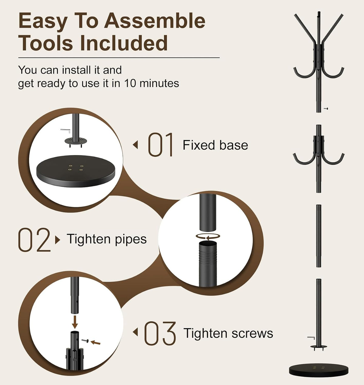 MISSLO Heavy Duty Coat Rack Freestanding with Stable Wood Base Modern Coat Tree with 12 Hooks Adjustable Coats Hanger Stand Stylish Standing Clothes Tree for Entryway Bedroom Corner Hall (Black)