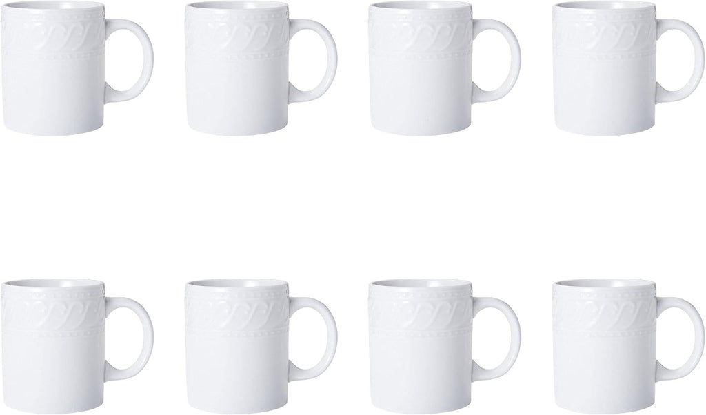 Pfaltzgraff Sylvia Dinnerware Set 32-Piece Service for 8 - White Porcelain Dinner Plates, Salad Plates, Soup Bowls and Mugs with Embossed Scrollwork
