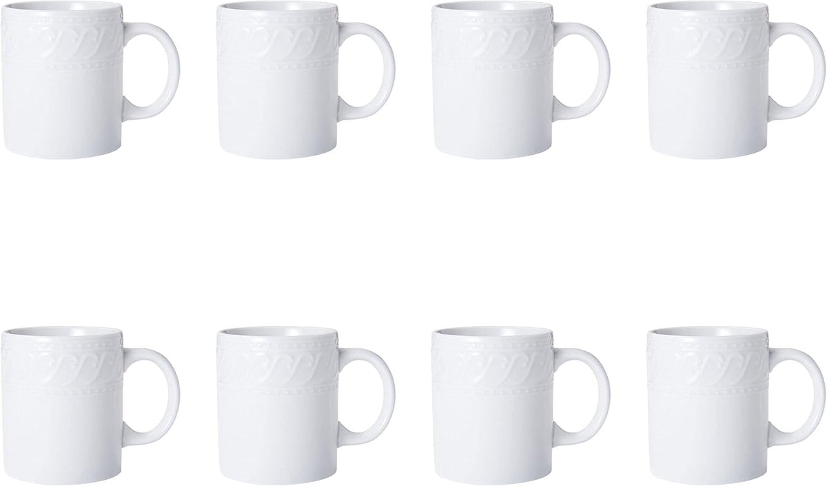 Pfaltzgraff Sylvia Dinnerware Set 32-Piece Service for 8 - White Porcelain Dinner Plates, Salad Plates, Soup Bowls and Mugs with Embossed Scrollwork