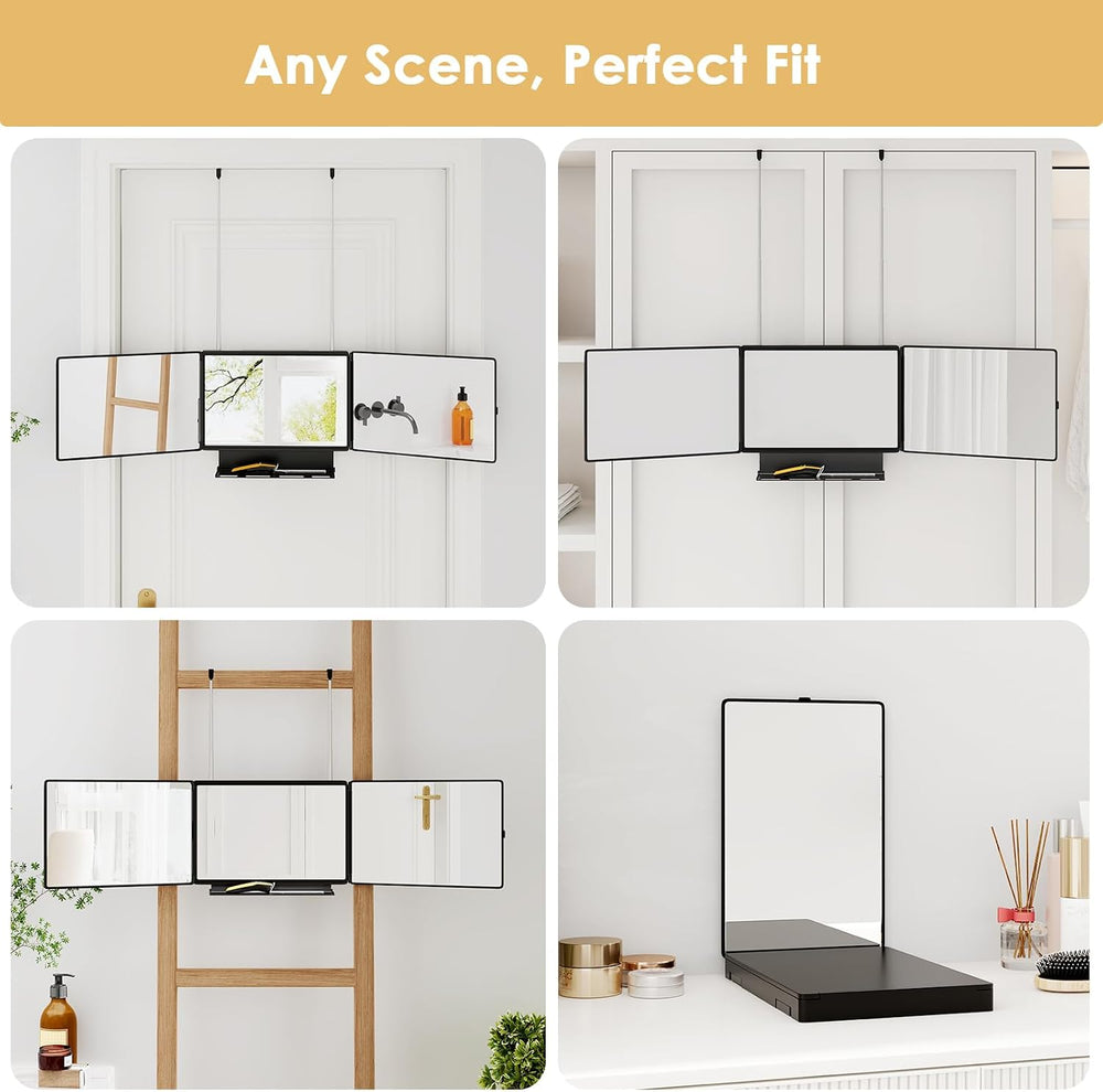 Dripex 3 Way Mirror with Lights & Storage Shelf, Trifold Haircut 360 Mirror
