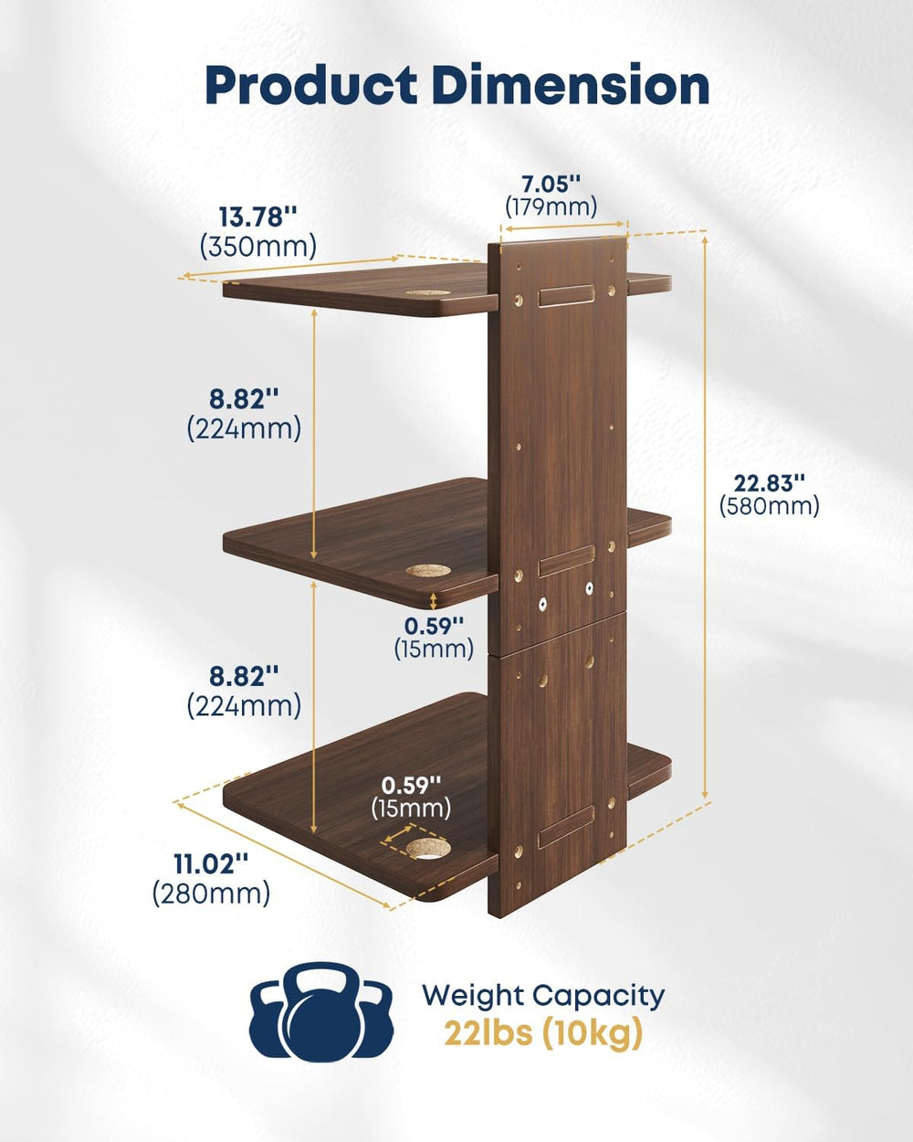 Floating TV Projector Shelf Wall Mount - 3 Tier Wooden Shelf, Walnut Brown