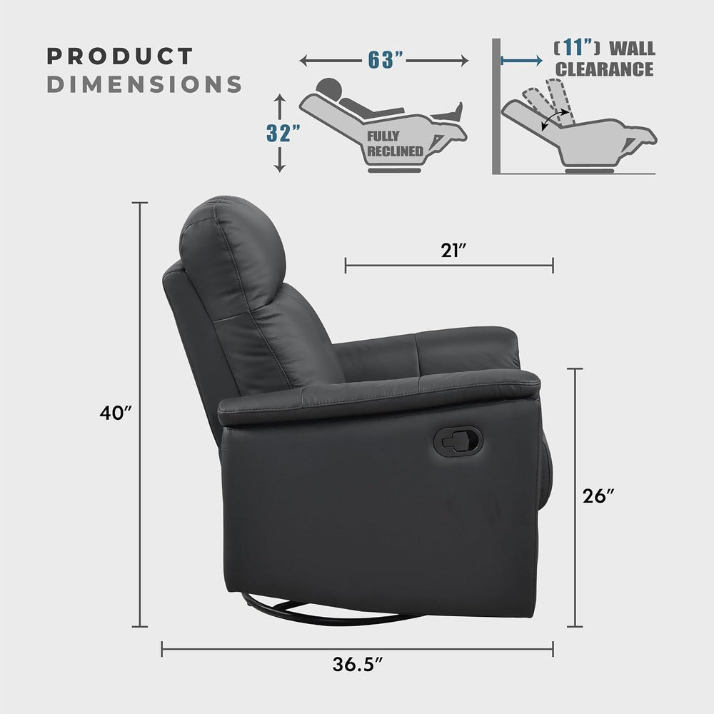 Lexicon Leather Match Upholstered Swivel Glider Recliner Chair, Black