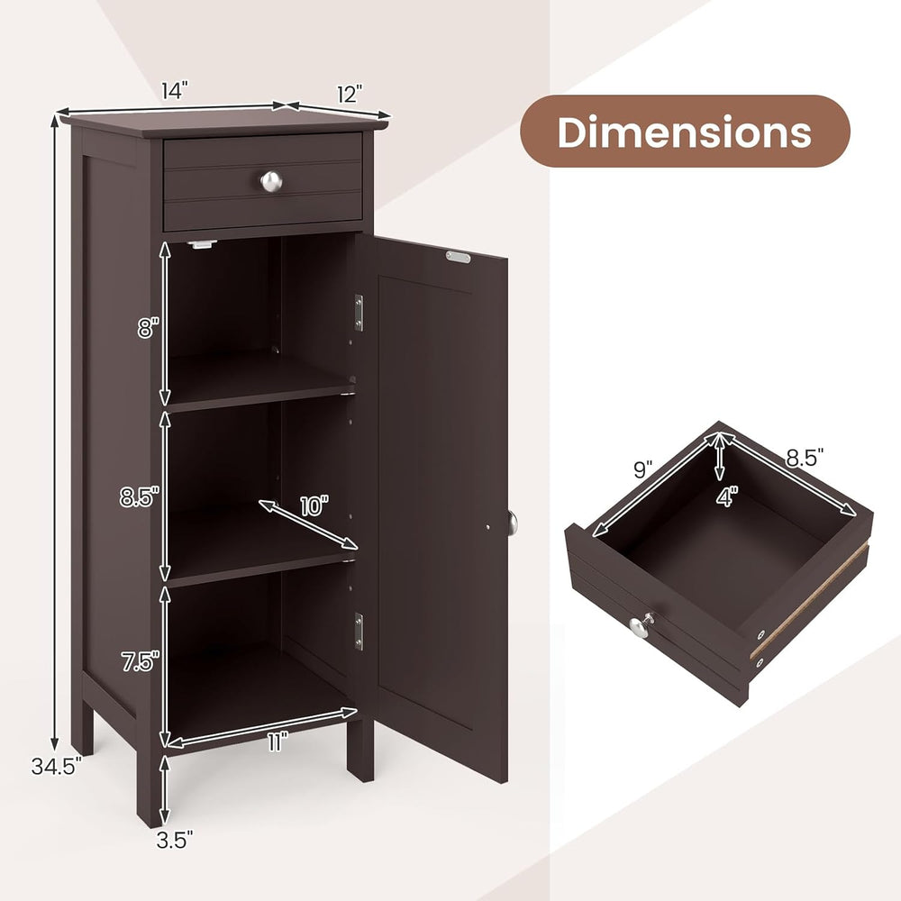 GLACER Bathroom Storage Cabinet, Single Door Narrow Floor Cabinet (Brown)