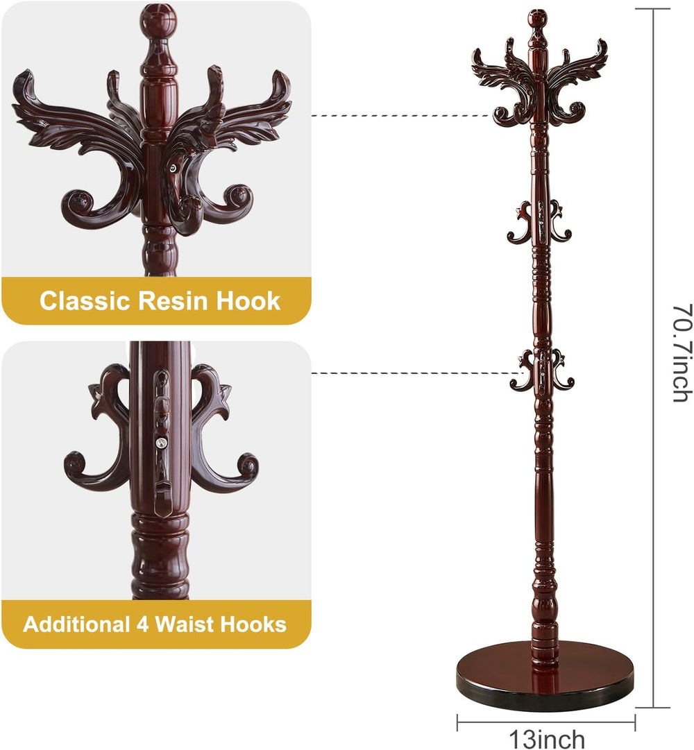 Snaikor Wooden Coat Rack Freestanding with Stable Round Base 14 Hooks