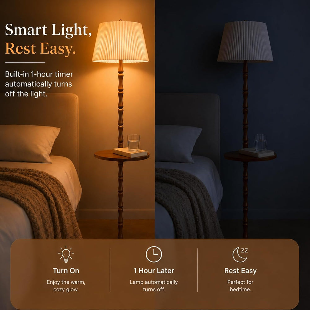 Real Wood Floor Lamp with Built-in Tray, Remote Control, Adjustable Brightnes...