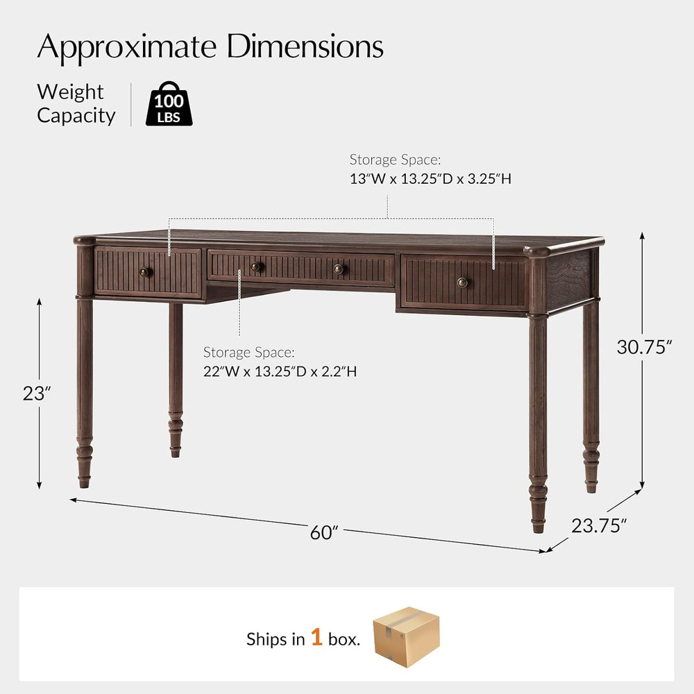 HULALA HOME 60 Inches Fluted Writing Desk with Charging Station, Walnut