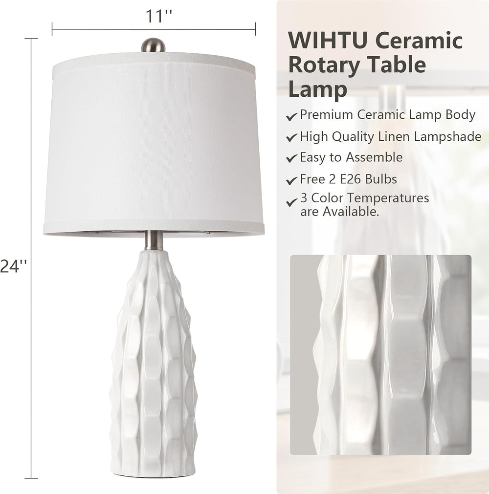 WIHTU 24'' Modern Ceramic Table Lamps Set of 2, White Lamps for Bedroom
