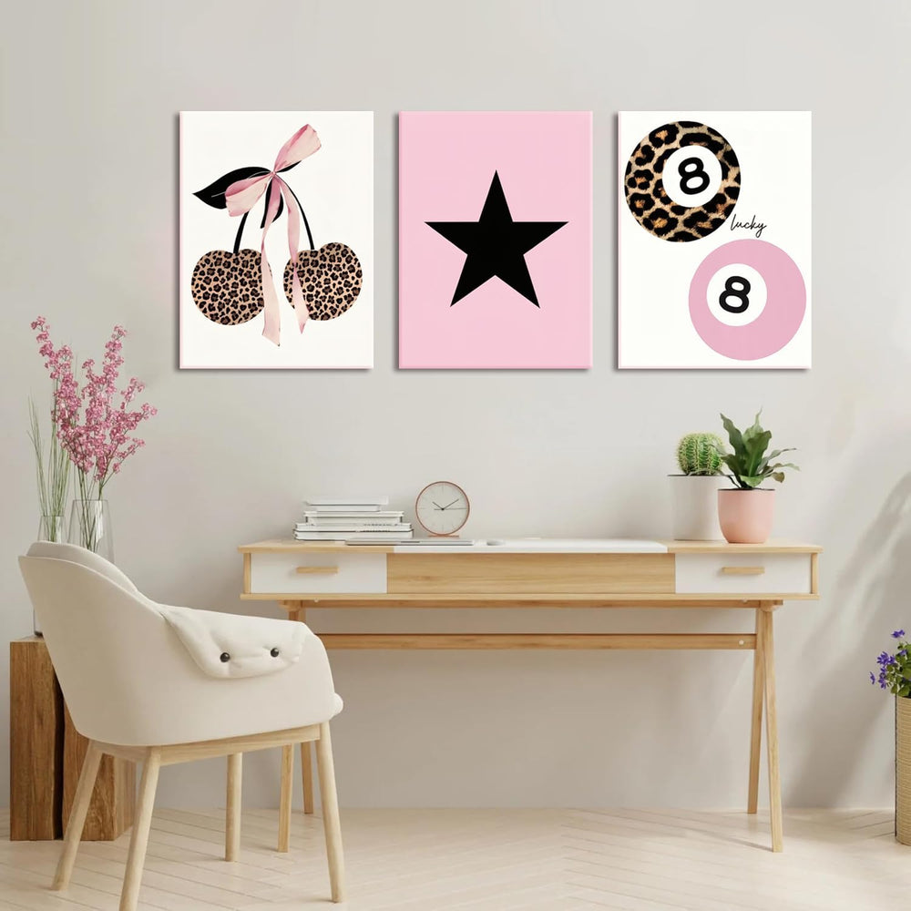 Trendy Pink Leopard Bow Canvas Wall Art Set of 3 Funky Cherry Lucky 8 Ball Po...