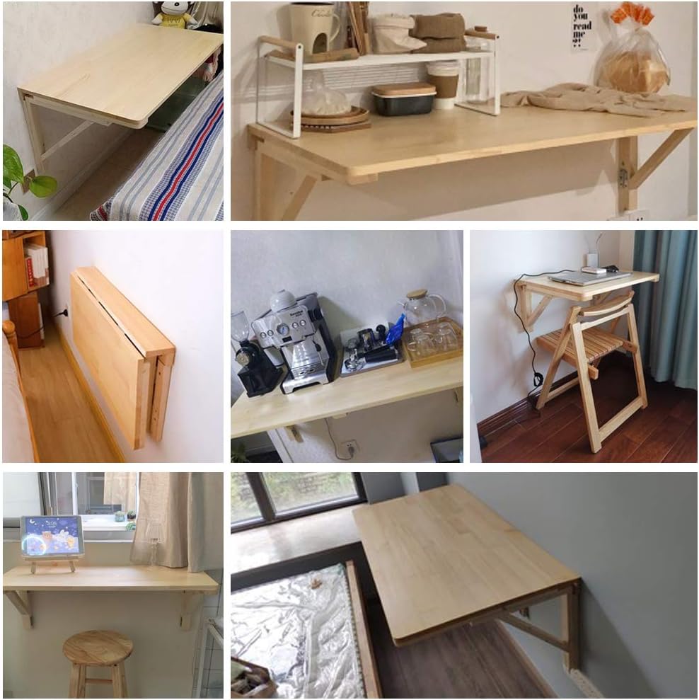 MM MELISEN Wood Folding Desk - Natural 29.5x19.6 Inch Wall Mount Fold-Down Ta...