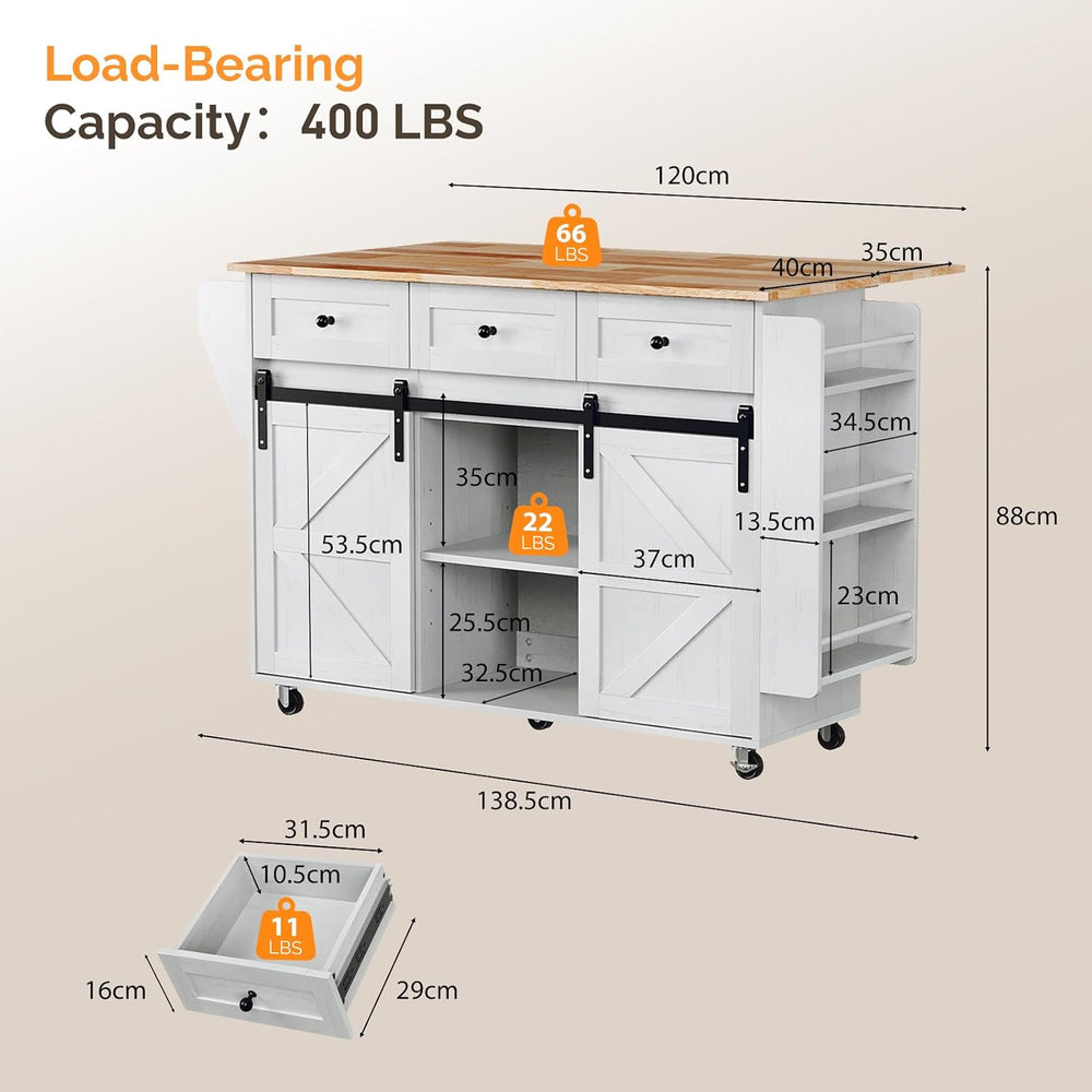 VINGLI 52" W Farmhouse Kitchen Island with Storage, Sliding Doors, White