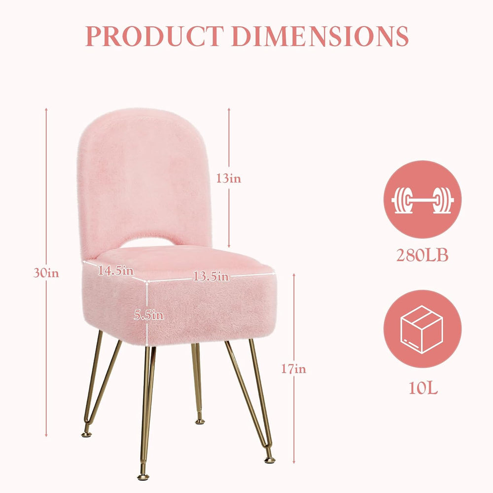 Pink Faux Fur Vanity Chair with Storage and Foldable Backrest