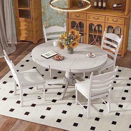 LUMISOL 5-Piece Solid Wood Dining Table Set for 4, Farmhouse Kitchen Table Set with Extendable Round Table & 4 Upholstered Chairs for Kitchen, Dining Room, Small Space, Antique White