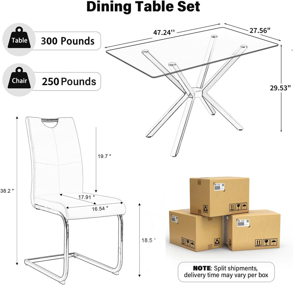 5-Piece 47" Dining Table with 4 PU Leather Chairs, Modern Dining Table Set for 4, Rectangle Kitchen Table with Golden Metal Legs for Dining Room, Kitchen(White)