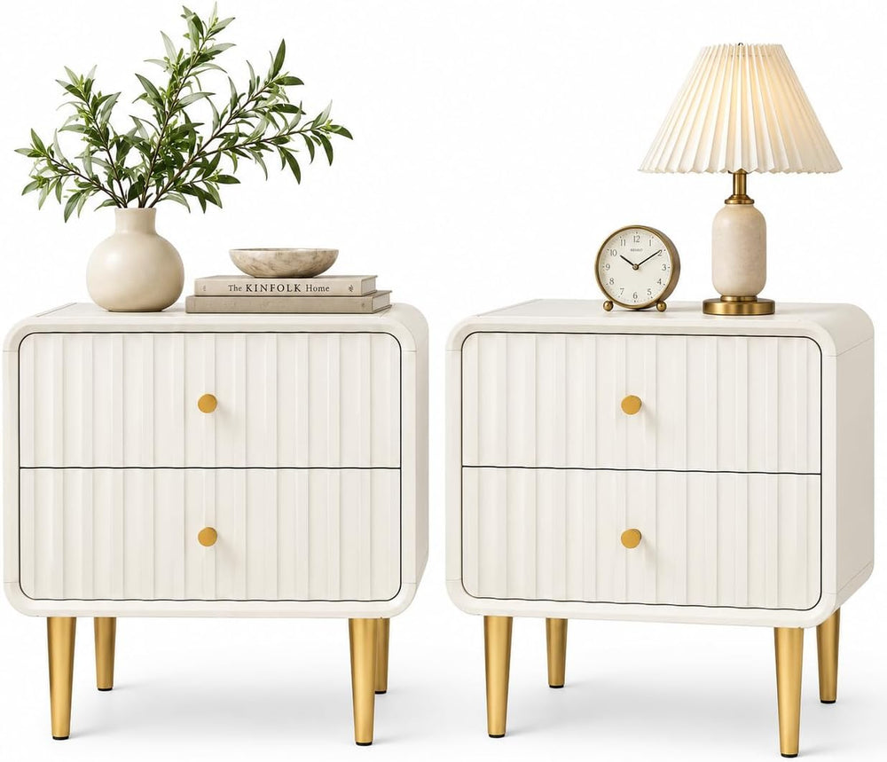 HLR Modern Nightstand Set of 2, Fluted Bed Side Table with 2 Drawers Storage,...
