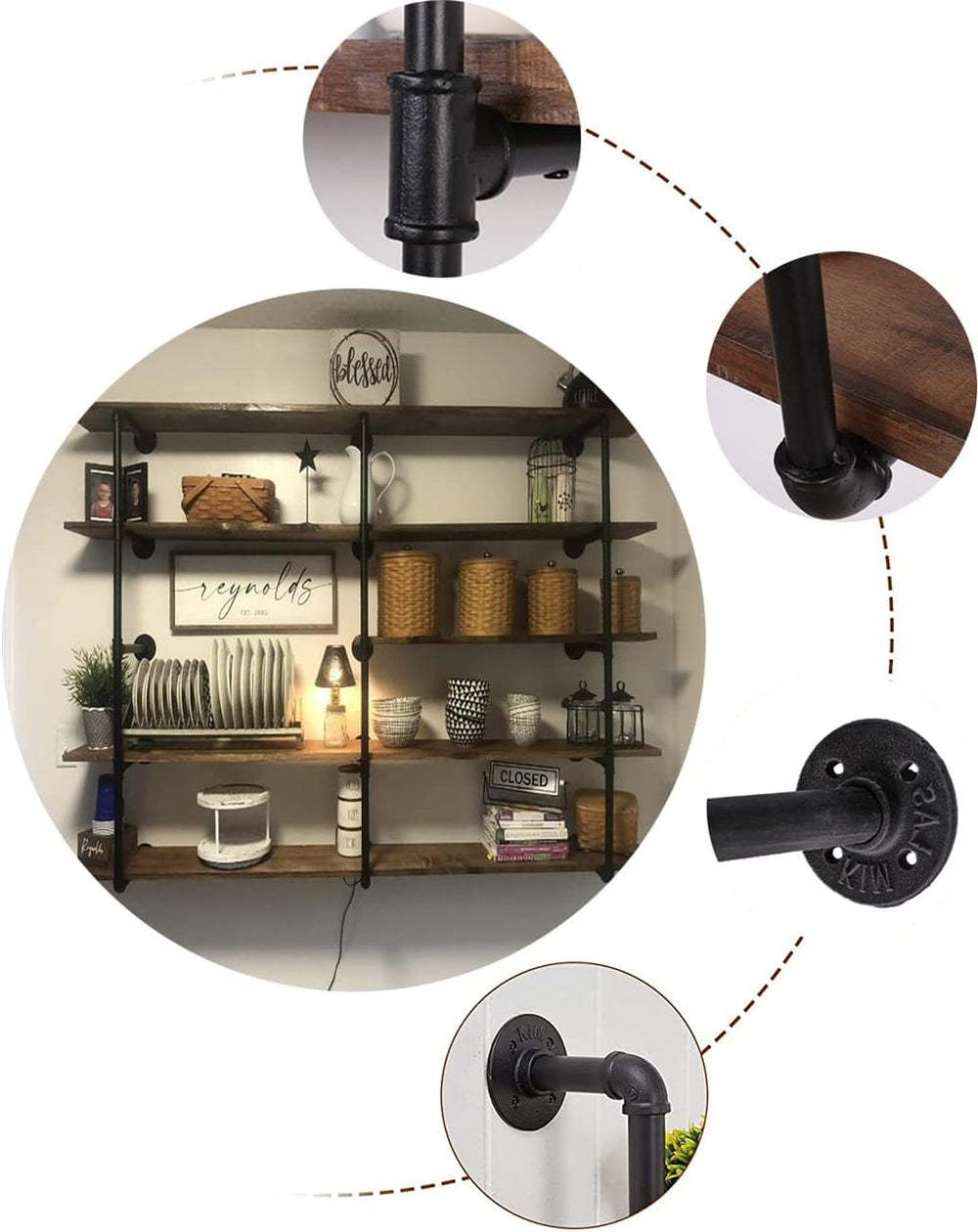 Industrial Wall Mount Iron Pipe Shelf Shelves Shelving Bracket Black Vintage ...