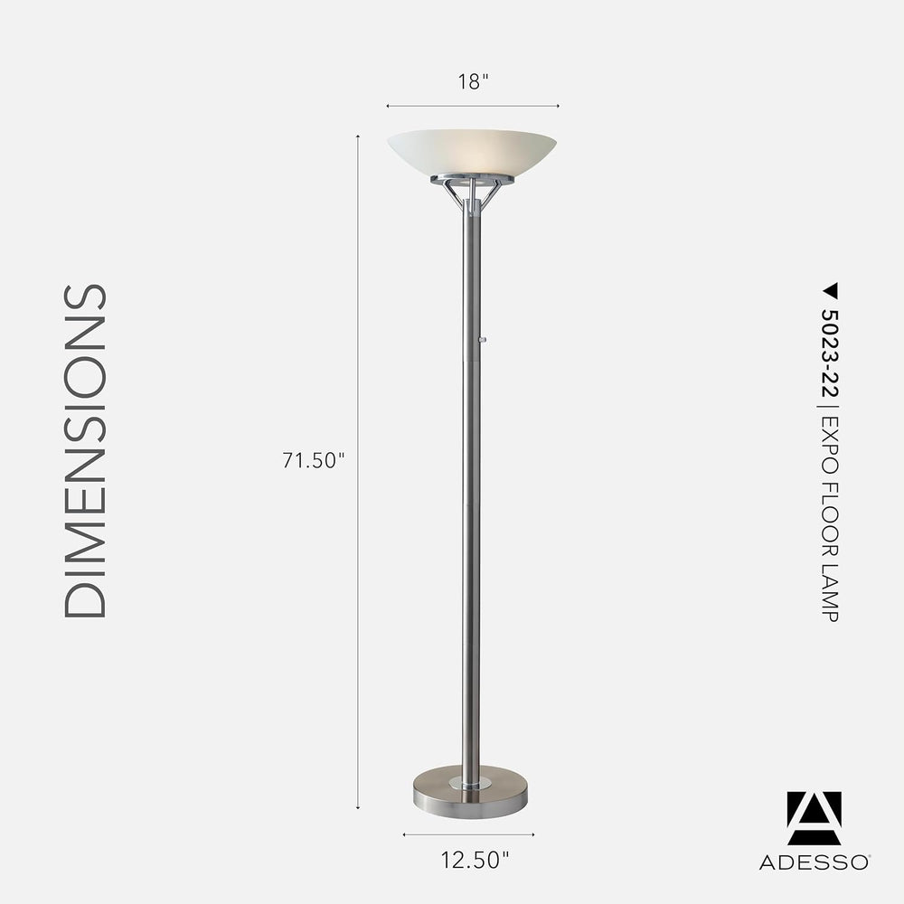 Adesso 2-Light Floor Lamp, Brushed Steel & Chrome, Dimmable, 71.5”