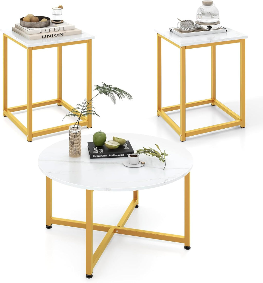 GIANTEX Round Nesting Table Set of 3, Wood Living Room Table Set, White