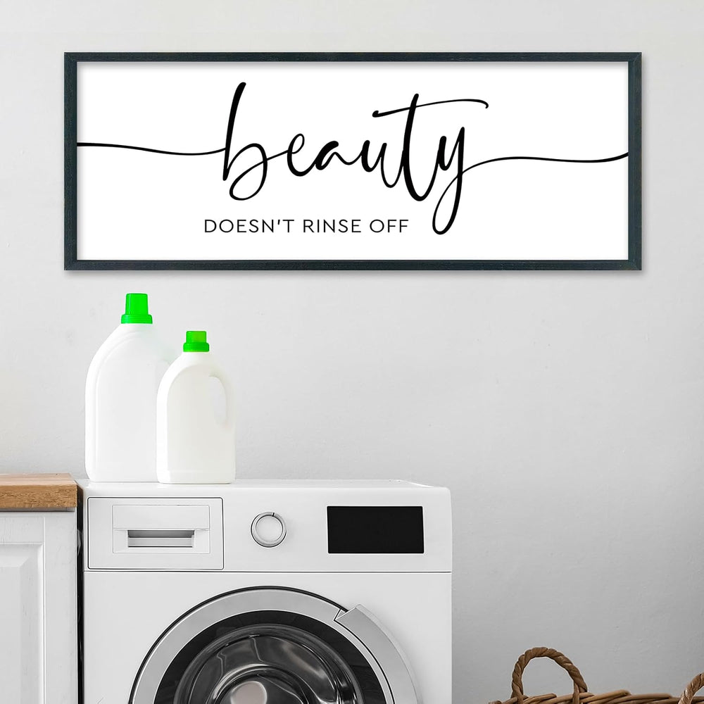 Framed Bathroom Sign Beauty Doesn't Rinse Off Wall Decor 32 x 12 Inch Black