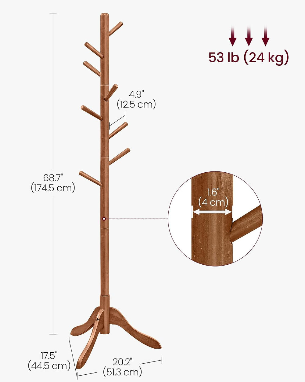 VASAGLE Solid Wood Coat Rack, Free Standing, Tree-Shaped, with 8 Hooks