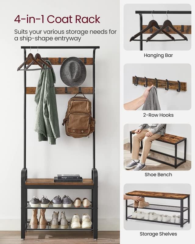 VASAGLE Coat Rack, Hall Tree with Shoe Bench, 4-in-1, 9 Removable Hooks