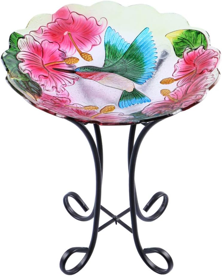 MUMTOP Outdoor Glass Birdbath with Metal Stand for Garden Hummingbird Decor