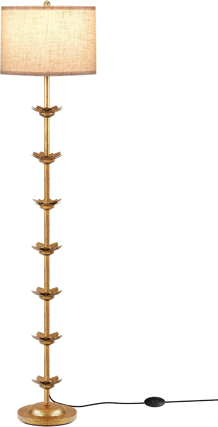 64 Inch Antique Gold Leaf Floor Lamp, 3CCT, Foot Switch, Flower Floor Light